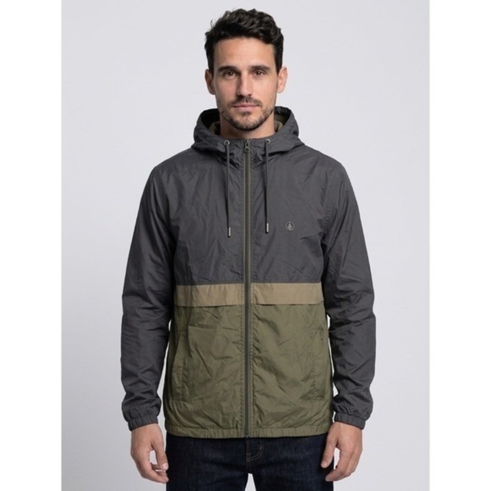 Volcom Ermont Men Gray Green Colorblock Water Resistant Hooded Windbreaker M